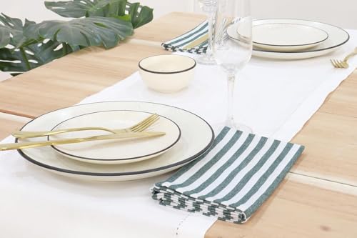 Image of Cotton Mercerised Dining Table Napkins, Set of 4, Solid Plain Colour, Heavy Weight,MoreThan 2 cm Mitered Hem,Washable at 40C (Green Stripe, 45 X 45 Cms)
