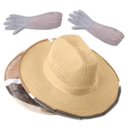 Sombrero de apicultor y guantes de piel para la cosecha segura de miel en el colmenar
