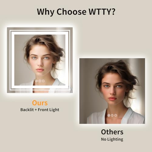 Image of WTTY LED Bathroom Mirror 36 inchx36 inch with Backlit and Front Light,Stepless Dimmable LED Mirror for Bathroom,Anti-Fog Lighted Bathroom Vanity Mirror Modern,Memory Function,Shatter-Proof