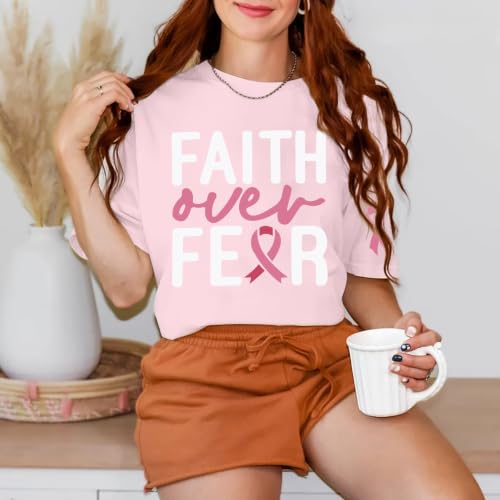 Breast Cancer Shirts for Women Breast Cancer Awareness Shirt Faith Over Fear Graphic Tees Pink Ribbons Short Sleeve Top — view 5