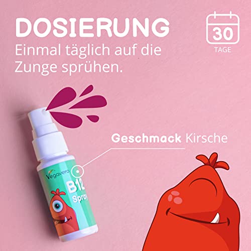 Vitamin B12 Spray für Kinder Vegavero | Vegan & Zuckerfrei | 5 µg B 12 in zwei Formen | Methylcobalamin | Leckerer Kirschgeschmack | Immunsystem & Energie*