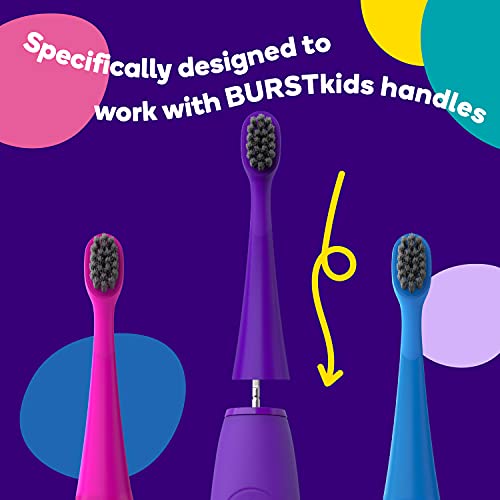 BURSTkids Replacement Electric Toothbrush Heads, Small, Soft, Charcoal Bristles, BURSTkids Sonic Toothbrush Compatible, Healthier Smile, 3pk, Blue