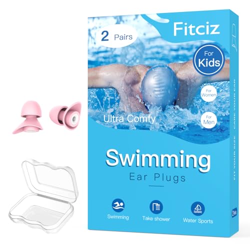 Fitciz Ohrstöpsel Schwimmen Kinder (Alter 8+) - mit Delikat Aufbewahrungsbox - Wiederverwendbare Weich Silikon Ohrenstöpsel Schwimm Kinder – Kids Swimming Earplugs (für Kinder, 2 Paare)