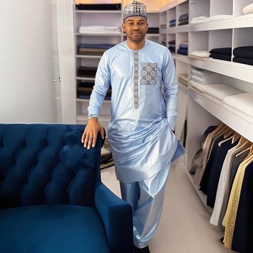 African Men Bazin Suit 2Pcs Set Shirt and Pants Nigerian Wedding Groom Dashiki Mali Basin Riche Men Clothing3