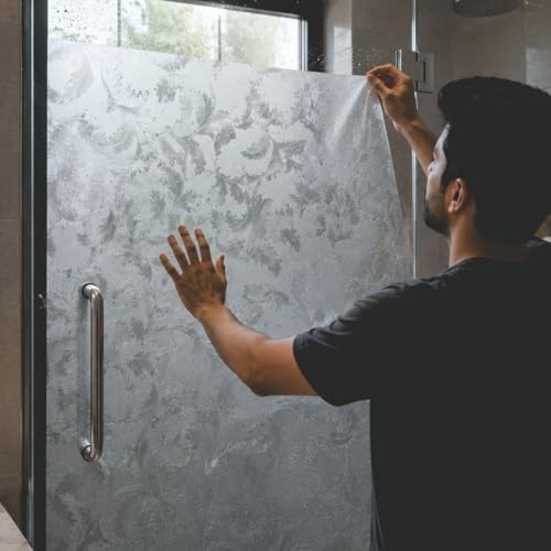 Image of CVANU Frosted Floral Leaf Privacy Window Film, Self Adhesive Waterproof Vinyl Decorative Glass Covering Sheet for Doors, Windows, Bathroom, Home & Office Use (24 x 240 Inch)