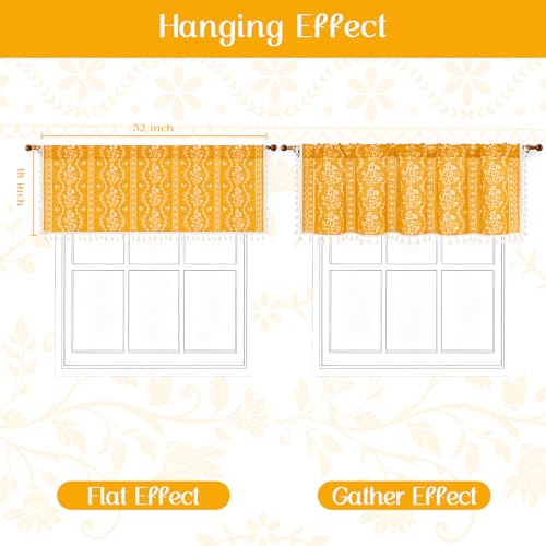 Image of Yinhua Boho Valance Curtains Vintage Linen Yellow Kitchen Valances for Windows Light Filtering Bohemian Floral Valance Rod Pocket Farmhouse Tassel Window Valances for Bathroom Cafe, 52 inch W X 18 inch L