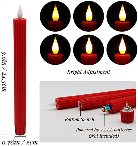 Yme 3pcs Red LED Taper Candles with Timer and Remote, Real Wax Battery Operated Window Candles with Flickering/Steady Warm White Light, for Christmas Candlesticks Tables Holiday Decorations