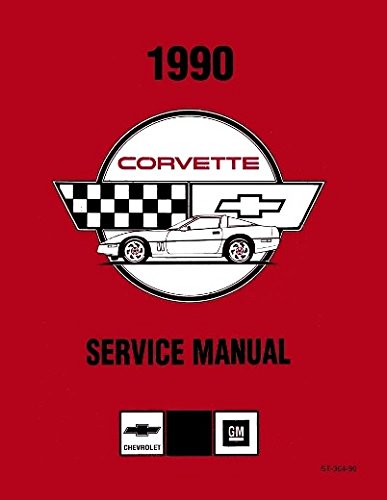 Cover of the 1990 Corvette Factory Repair Shop & Service Manual, showing a white 1990 Corvette against a red background with the Corvette logo and 'SERVICE MANUAL' text.