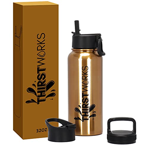 THIRSTWORKS Stainless Steel Insulated Sports Water Bottle with 3 Lids, Straw Lid, Leak Proof Thermo (Gold, 32 OZ)