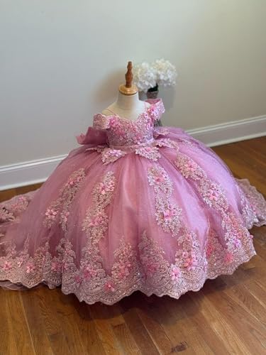 Off Shoulder 3D Flower Girl Dresses with Bow for Wedding Lace Kids First Communion Dress Puffy Tulle Girls Ball Gown3