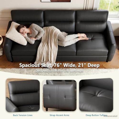 Image of STHOUYN 85 inch Black Faux Leather Couch with USB, 3 Seater Sofa Couches for Living Room, Large Mid Century Modern Office Apartment Couch (Black)