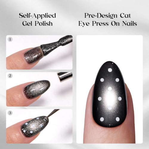 Image of Beetles Black Cat Eye Press On Nails Short Almond, 32 PCS, White Polka Dots | Halloween 16 Sizes Salon-Look Cat Eye Nails, Glue and Adhesive Tabs Included, Ready in 10 Minutes, All-in-One Complete Kit