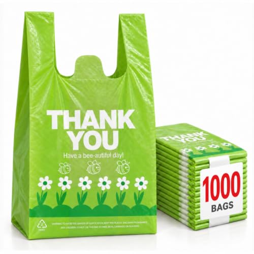 YoYoRain 1000 Pack Green Thank You T-Shirt Bags with Handles, 11.5" x 6.25" x 21", Reusable &amp; Disposable Grocery Shopping Bags for Retail &amp; Takeout