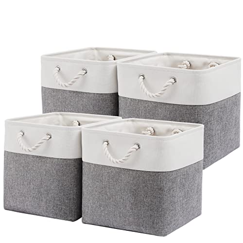 Image of MidmmVick 13 x 13 Inch Cube Storage Bins, 4 Pack Large Collapsible Fabric Storage Bin with Ropes, Foldable Storage Cubes for Home, Office,Closet, Clothes, Toys Organizer (White & Grey)