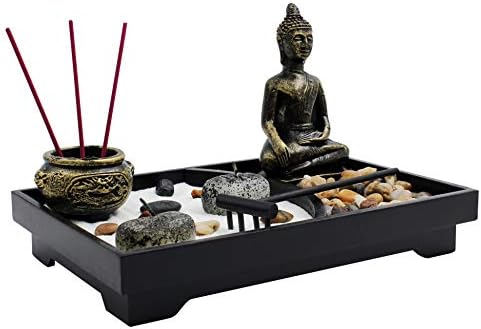 Royal Brands Zen Garden with Buddha, Rake, Rock Candle, and Incense Holder – Peace and Tranquility (9"x6"x7")