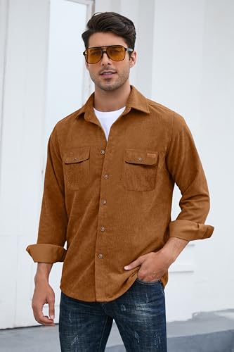 Image of Comdecevis Men's Corduroy Shirt Long Sleeve Plain Tops Button Down Work Shirts Jacket with Chest Pockets Brown 3X-Large