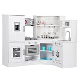 Romswi Wooden Corner Pretend Play Kitchen, Interactive Toy Set with Lights and Sounds, Kids Toy Kitchen with Ice Maker, Oven, Spice Jar,2 Sets Cookware and Clock, PlaySet for Toddlers Age 3-8