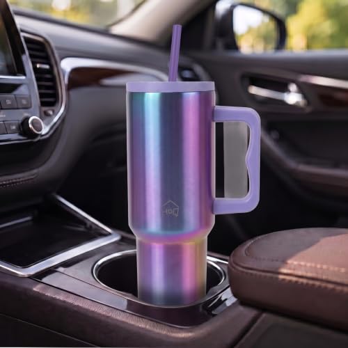 Image of House of Quirk 1200ML Stainless Steel Tumbler with Handle & Lid, 2 Straws - Large Travel Mug Water Cup for Gym, Office & Outdoor Use (Aurora Prism)