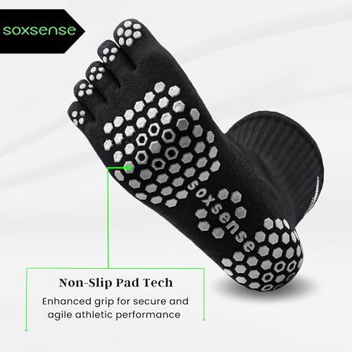 Image of Soxsense Multi-Pack Sports Grip Toe Socks with Cushion, Non-Slip Finger Socks for Pilates, Home Gym, Soccer, basketball