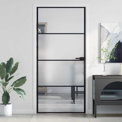 Iiaky Puerta Corredera de Interior Puerta corredera de ESG y Aluminio para Sala de Estar Comedor Baño Salón Sala de Cocina-Negro y Transparente y mate-93 x 201.5 cm