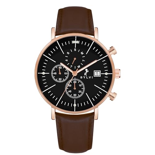 Image of Sylvi Gazedoom RoseCrown Watch for Men - Chronograph with Date & Day, Coffee Brown Leather, Black Dial, 3 ATM Water Resistant