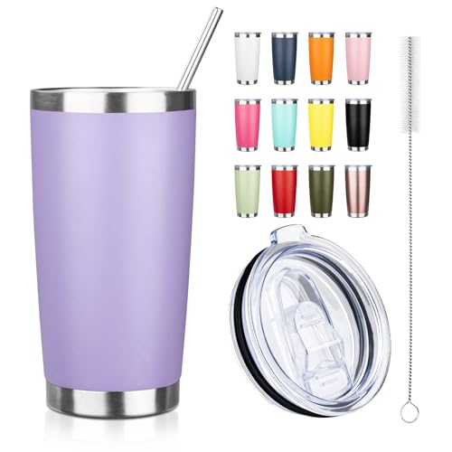 ATIKZHE 20oz Tumbler with Straw and Brush, Stainless Steel Vacuum Insulated tumbler, Double Wall Insulated Coffee Tumbler for Outdoor, Home, Travel,Office (Lilac,1pcs)