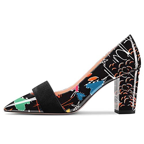 TNYNFBEB Women Chunky Block Mid Heel Close Pointed Toe Pumps Slip-on Patchwork Party Wedding Basic Classic 3.2 Inches Heels2