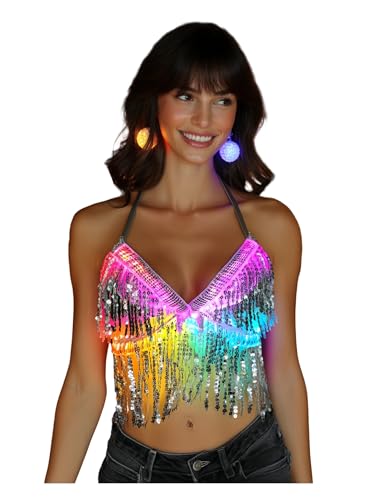 Women Sequin Light Up Bra Rave Tops Belly Dance Costume Sequin Tassel Chest Party Club Wear Burning Man (One Size Grey)