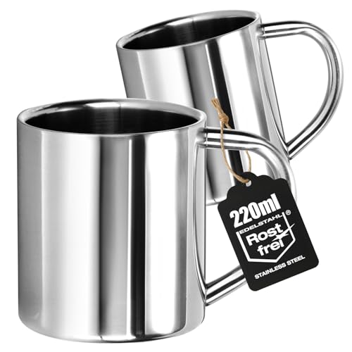 Wilhelm Sell® 2x mugs isothermes 220 ml en acier inox – gobelets à double paroi avec anse – tasses incassables pour café ou thé – inoxydables, sans...