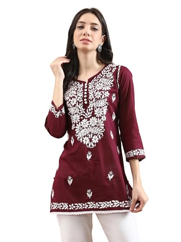 Image of Seva Chikan Hand Embroidered Lucknowi Chikankari Cotton Short Top Tunic for Women SCL9017