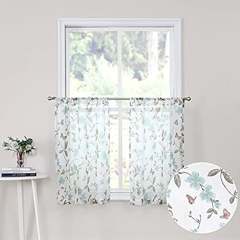 Tollpiz Short Sheer Floral Tier Curtains Blue Flower Butterfly Printed Half Window Curtain Rod Pocket Kitchen Voile Faux Linen Curtains for Bathroom, 30 x 24 inches Long, Set of 2 Panels Cover