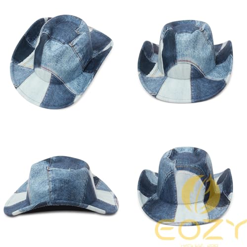 Image of Tie Dye Denim Patchwork Cowboy Hat for Women Men Western Wide Brim Costume Party Hat