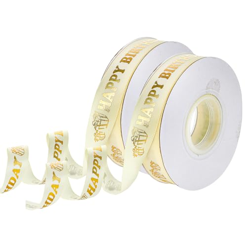 Lot de 2 rubans de satin Happy Birthday - 40 m - Doré - 2 cm - Blanc et doré - Pour gâteau, bouquet, emballage cadeau