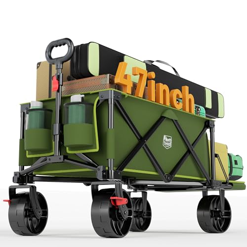 Image of Timber Ridge 47 inch L Collapsible Wagon with Tailgate & Brake, 300 lbs Heavy Duty Beach Wagon with All-Terrain Big Wheels, 250L Foldable Utility Cart for Sand Camping Sports Shopping, Green