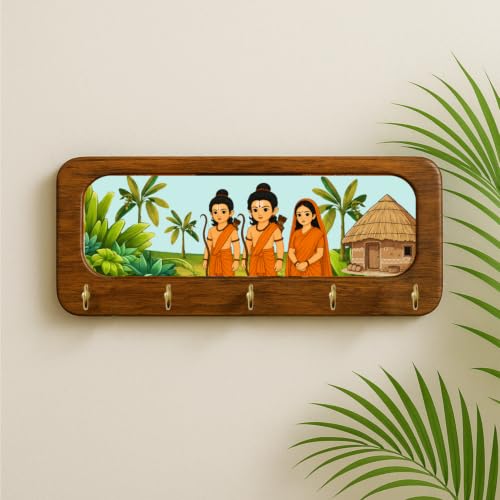 Image of Stylish Wooden Key Holder for Wall | Cute Key Holder for Home Decor | Key Holder Stand with 5 Hooks | Wall Mounted Key Hanger| (Ram Sita & Lakshman Ji)