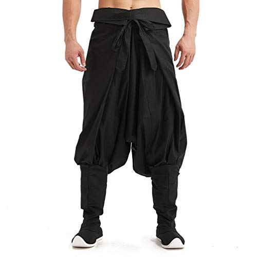 HAORUN Men Drop Low Crotch Baggy Pants Belted Chinese Traditional Hanfu Trousers