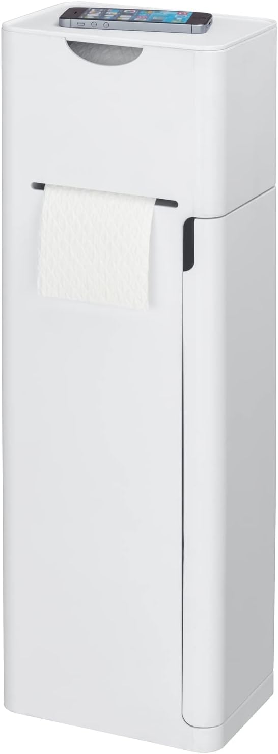 Wenko Imon 6 in 1 Standing Set Matt White Integrated Toilet Brush Replacement Roll Holder Storage Compartments and Shelf, ABS Plastic, 58.5 x 15 x 20 cm