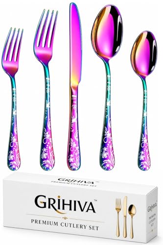 Image of 5 Pcs Rainbow Floaral Stainless Steel Cutlery Set for Dining Table with Spoon and Fork Set & Butterknife - The Perfect Tableware /Flatware