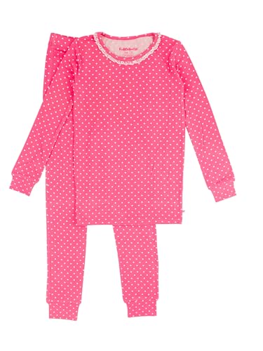 RuffleButts SoftSnooze Viscose from Bamboo Girls Ruffle Long Sleeve Pajama Set - Hot Pink Heart Kids, 7/8