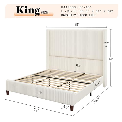 AMERLIFE King Size 62 Corduroy Upholstered Bed Frame with Tall Wingback Headboard - No Box Spring Required - Cream
