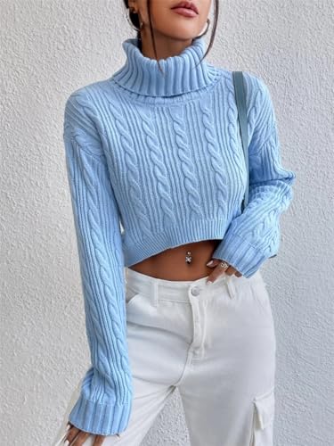 Image of Women's Fall Winter Long Sleeve Turtleneck Cropped Sweater Ribbed Cable Knit Pullover Jumper Solid Sweater Crop Tops