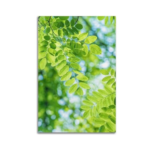 Décoration murale artistique d'exception feuilles vertes ensoleillées 60x90
