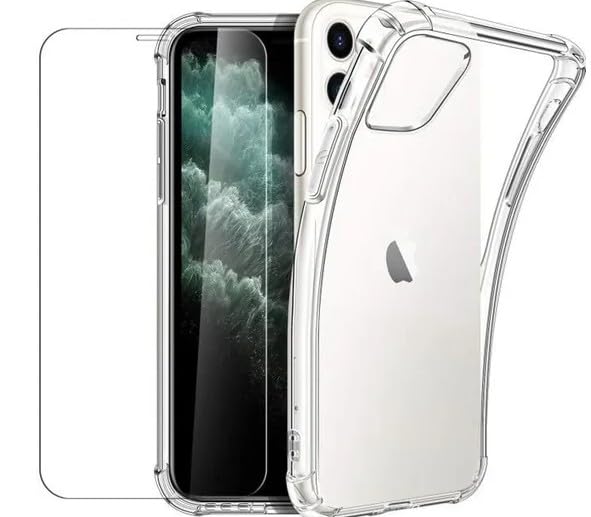 New&Teck Coque pour iPhone 11 (6.1) + [Verre Trempé Protection écran], en Transparent Silicone TPU Souple [Bumper avec Coins Renforcés], Protection Claire.