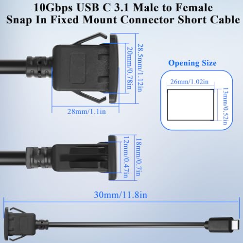 QIANRENON 10 Gb/s USB C 3.1 złącze zatrzaskowe krótki kabel PD60W USB typ C 3.1 męski na żeński wbudowany stały adapter przedłużający 20 V 3 A szybkie ładowanie, do pulpitu nawigacyjnego, 30 cm