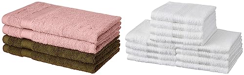 Image of Amazon Brand - Solimo 100% Cotton 12 Piece Face Towel Set, 500 GSM (White) 100% Cotton 4 Piece Hand Towel Set, 500 GSM (Sepia Brown and Baby Pink)