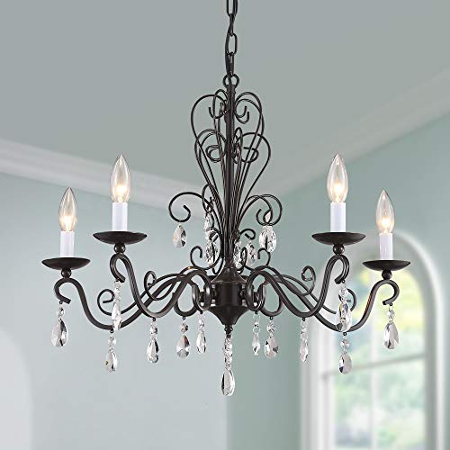 Bestier Wrought Black Iron Rustic Vintage Pendant Candle Chandelier Crystal Lighting Fixture Lamp For Dining Room Bathroom Foyer Livingroom 5 E12 Bulbs Required D22 In X H20 In thumb #1