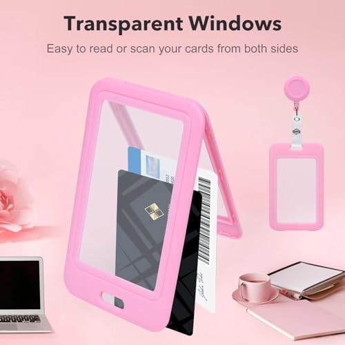 Image of Pink Clear Double Sided Visualization Window Vertical Badge Holders with Retractable Round Reel Clips,Hard Plastic Protector for ID Name Card Girl Women