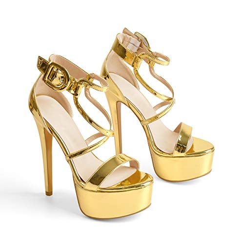 LISHAN High Heels for Women Stiletto Platform Ankle Strap Crisscross Sandals Open Toe Single Band Fashion Shoes Gold Size 9