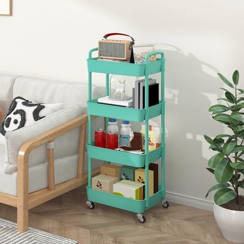 Image of Sywhitta 4-Tier Plastic Rolling Utility Cart with Wheels for Storage,Green | Multi-Functional Storage Trolley, for Office, Living Room, Kitchen, Bathroom,Movable Organizer,Space-Saving,Easy to assemble