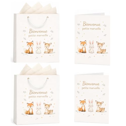 JOVYTH Sac Cadeau Naissance Bébé – 2 Sacs avec 2 Papiers de Soie Crème et 2 Cartes, Motif Animaux de la Forêt, Cadeau Fille et Garçon, Idéal Baby Shower et Baptême – 26x22x10cm